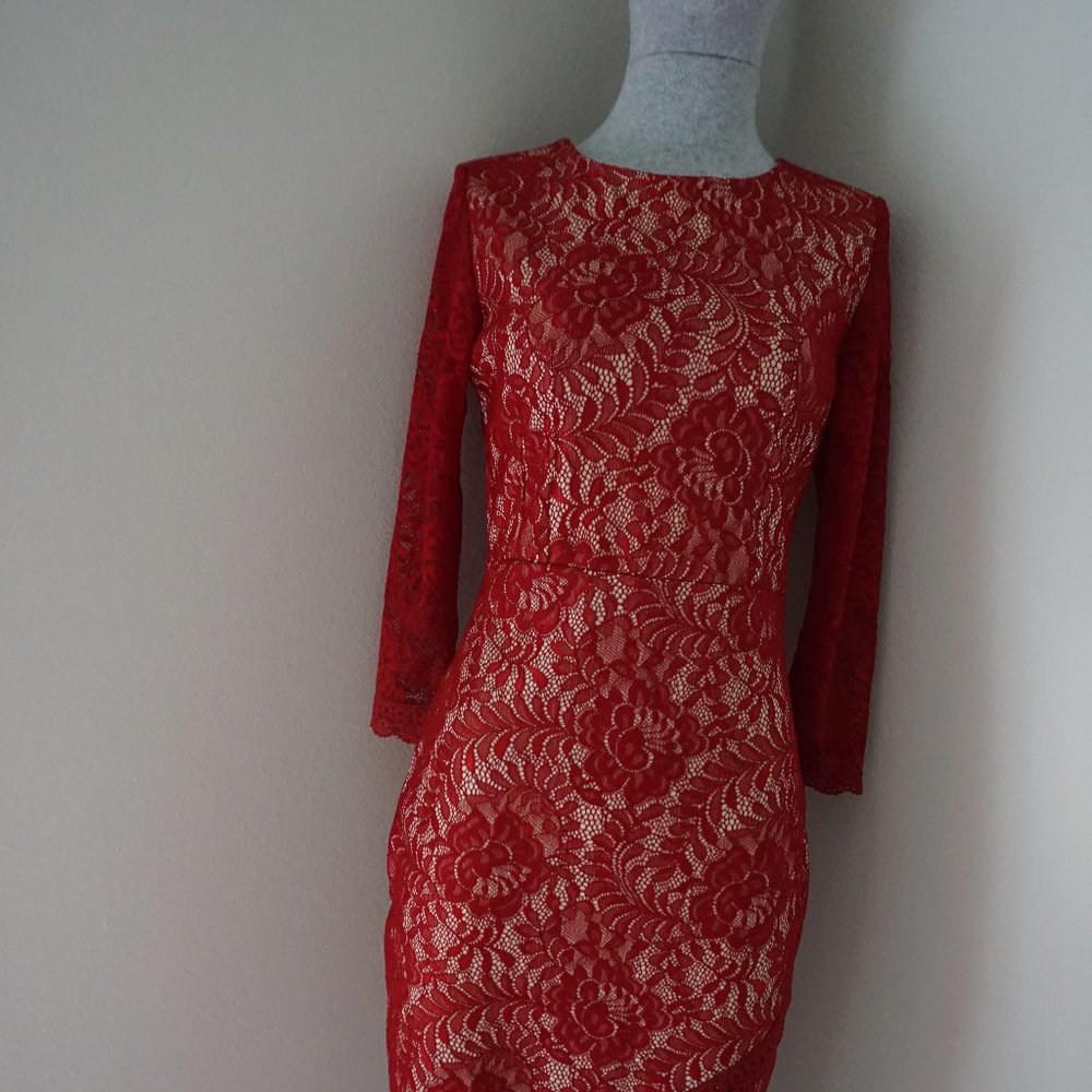 MIUSOL Red Lace Long Sleeve Dress
